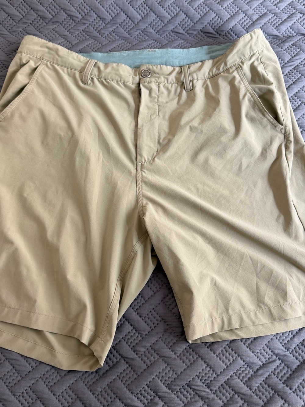 Free Fly Apparel Men's Hybrid Shorts in Khaki with Light Blue Waistband